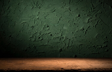 Background with wooden deck table on green grunge background