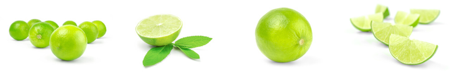 Collage of limes close-up isolated on white background