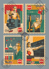 Retro Postage Stamps Style Science Propaganda Illustrations, Scientists, Old Computers, Space Rockets, Nuclear Energy