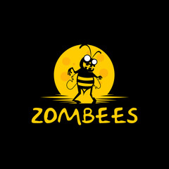 playful bee insect zombie cartoon mascot under the moon vector illustration