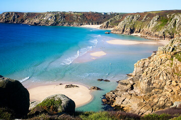 Fototapeta premium The beautiful beaches and Cornish coast at Porthcurno, Cornwall, England, UK.