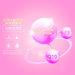 Collagen Solution Serum Drop and Vitamin Background Skin Care Cosmetic concept.