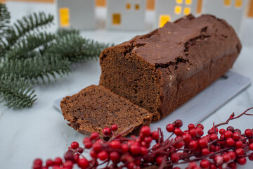 sweet Chocolate Gingerbread Cake on festive background