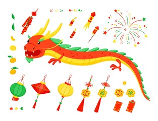 Chinese New Year elements set. Asian annual festival celebration,  Traditional China holiday symbols. Oriental Lunar New Year vector illustrations