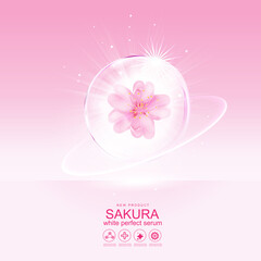 Sakura flower White Perfect Serum or Collagen Vitamin  and Background Vector Skin Care Cosmetic 