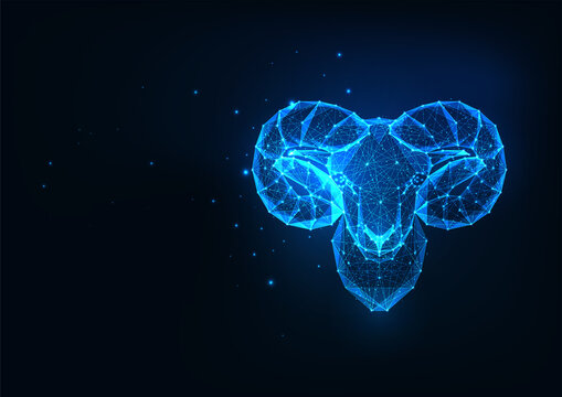 Futuristic Aries zodiac sign concept with glowing low polygonal ram or mouflonhead