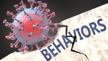 Covid virus destroying behaviors - big corona virus breaking a solid, sturdy and established behaviors structure, to symbolize problems and chaos caused by covid pandemic, 3d illustration