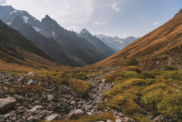 Autumn in mountain. Valley in Caucasus mountain.