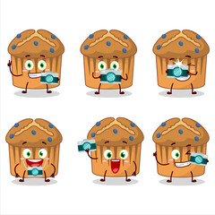 Photographer profession emoticon with blueberry muffin cartoon character