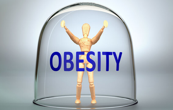 Obesity can separate a person from the world and lock in an invisible isolation that limits and restrains - pictured as a human figure locked inside a glass with a phrase Obesity, 3d illustration