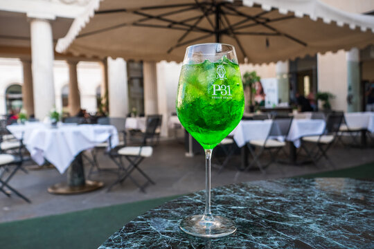Padua, Italy - August 16 2020: Aperitivo Green Spritz P31 at Caffe Pedrocchi on a Table