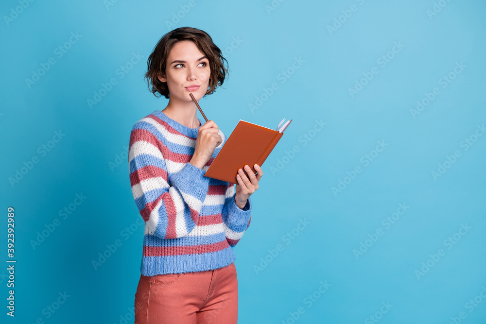 Sticker photo portrait of thoughtful girl keeping pen notebook thinking about idea plan isolated on bright b