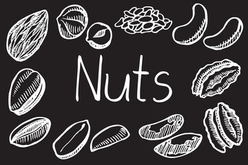 Set of hand drawn nuts. Illustration in sketch style. Vector illustration isolated on black background.