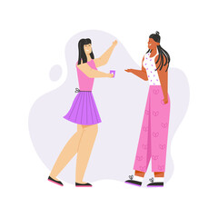 Two young girls talking, drinking coffee and smiling