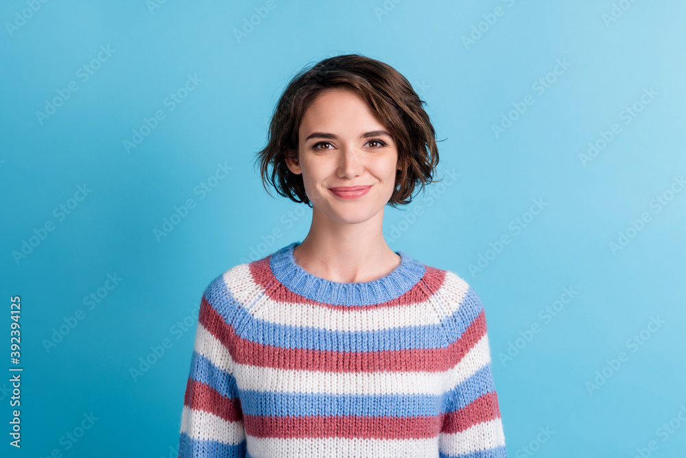 Sticker photo of young lovely funny girl genuine smiling wear colorful striped sweater isolated blue color b