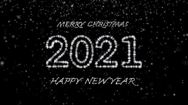 2021 HAPPY NEW YEAR text on black snow snowflakes bokeh background.