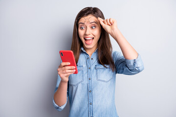 Photo of astonished charming person arm touch eyewear open mouth unexpected blog follow isolated on...