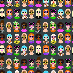 Seamless pattern with female faces. Variety of ethnicities, hair colours and hairstyles. Feminism and bodypositive concept.