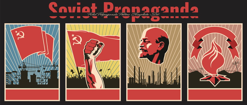 Soviet Propaganda Posters Template Set, Red Banner, Construction Site Background, Fist, Torch, Communist Leader'd Portrait