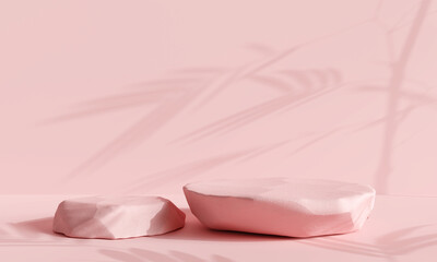 Stone product display podium with shadow nature leaves on pink background. 3D rendering