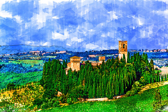 Badia A Passignano. Idyllic medieval monastery village in the Chianti. Tuscany. Italy. Painted style illustration.