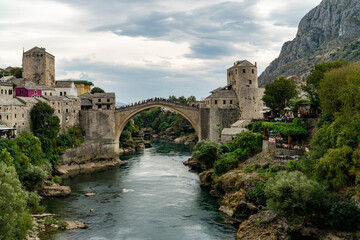 Old town of Mostar, Bosnia and Herzegovina, with Stari Most bridge, Neretva river and old mosques
