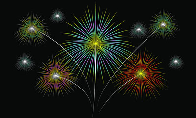 Fototapeta na wymiar Festive fireworks display over the city at night scene for holiday and celebration background design. Vector illustration.