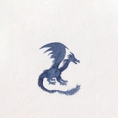 Watercolour painting of fantasy dragon silhouette. Legendary mythological creature drawing. Ideal for book illustration, tattoo, t-shirt printing and decoration. Fairy tale animal stock picture.