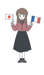 Fototapeta premium フランス国旗と日本国旗を持つおねえさん・ベクター