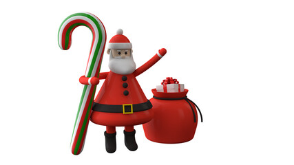 The character Santa Claus with christmas candy and gift bag on a white background. 3d illustration