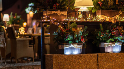 A cozy street cafe with Christmas decorations on the street of the old town in Prague. Christmas illumination. Bokeh garlands in the background. Christmas, winter, new year concept.