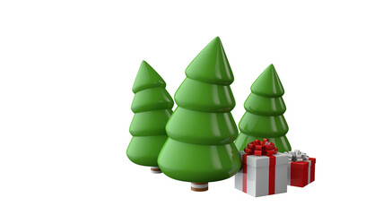 Fototapeta premium Christmas trees with gifts isolated on white background. 3d illustration.