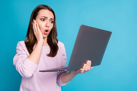 Oh No. Photo Of Sad Shocked Student Lady Hold Notebook Modern Technology User Read Teacher Email Failed Session Exams Bad Grades Wear Casual Purple Sweatshirt Isolated Blue Color Background