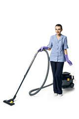 Young beautiful woman in a maid costume smiling and getting ready for vacuuming, isolated on a white background