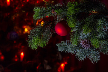 Fototapeta na wymiar Christmas tree toy on a Christmas tree branch close up