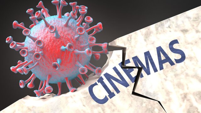 Covid Virus Destroying Cinemas - Big Corona Virus Breaking A Solid, Sturdy And Established Cinemas Structure, To Symbolize Problems And Chaos Caused By Covid Pandemic, 3d Illustration