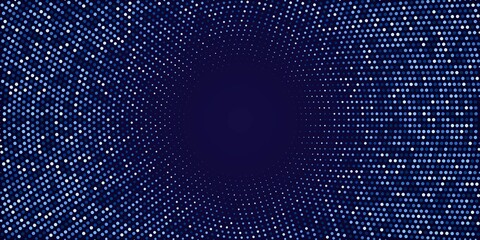 Obraz premium Abstract halftone circular background. Blue dot pattern on dark background. Bright vintage wallpaper vector illustration. Shining vibrant retro glow. Modern 3d art design