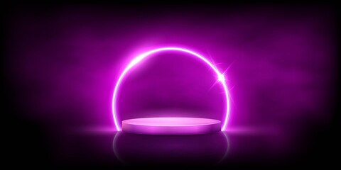 Glowing neon pink circle with sparkles in fog on podium. Abstract round electric light frame on black background. Geometric fashion design vector illustration. Empty minimal ring art decoration