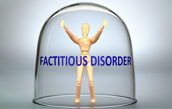 Factitious disorder can separate a person from the world and lock in an isolation that limits - pictured as a human figure locked inside a glass with a phrase Factitious disorder, 3d illustration