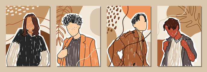 Set of Man's Face minimalist collage abstract contemporary fashion in a modern trendy colors.