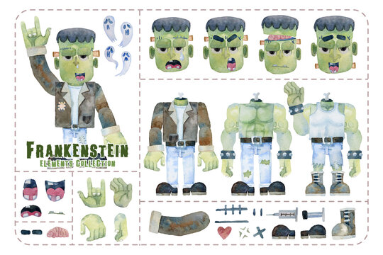 Cute Frankenstein elements, dresses and expression, isolated Halloween collection watercolor painting. 