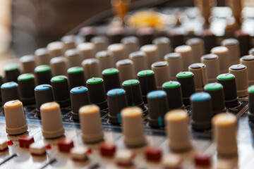 Obraz premium Mixing console for the sound engineer. Music. Sound. Sound controller. The Director's console.