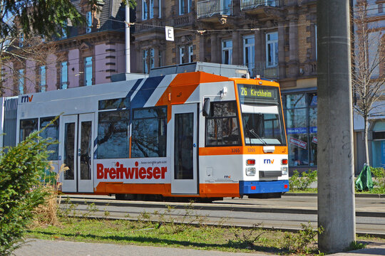 Heidelberg, Germany -  Streetcar line no. 26 in direction "Kirchheim" in Heidelberg city center