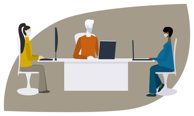 Different people in  medical mask sit at desk in office or library and maintain social distancing. Albino man and pregnant woman using laptop, girl using computer. Keep social distance in public