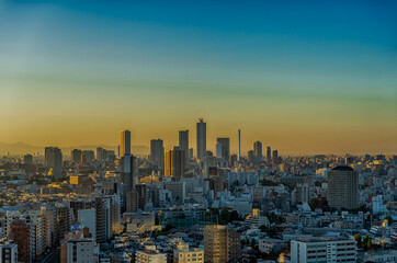 東京都文京区後楽園から見る夕方の東京の都市景観