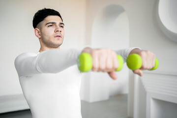 cardio warm-up exercise healthy lifestyle home workout. exercises with dumbbells on biceps, a...
