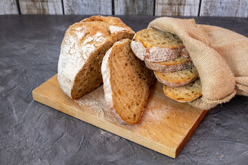 Sliced homemade bread on cutting board