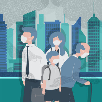 Group of people in urban area wearing masks with skyscraper background, Pollution problem concept