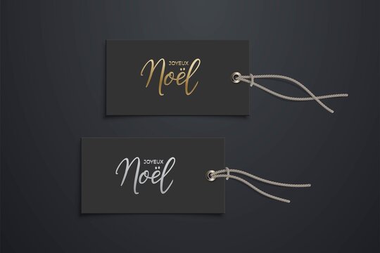 Black price French Christmas discount tag mockup templates. Rectangle sale cards with strings for clothes with gold Joyeux Noel text on black background vector illustration. Realistic design
