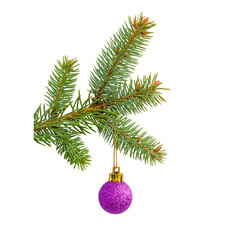 Spruce twig with one christmas decoration on white background